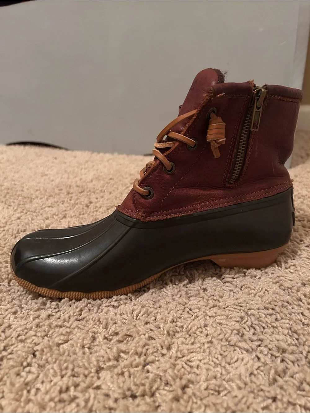 Sperry Brown Leather & Black Rubber Duck Boots with Tan Laces